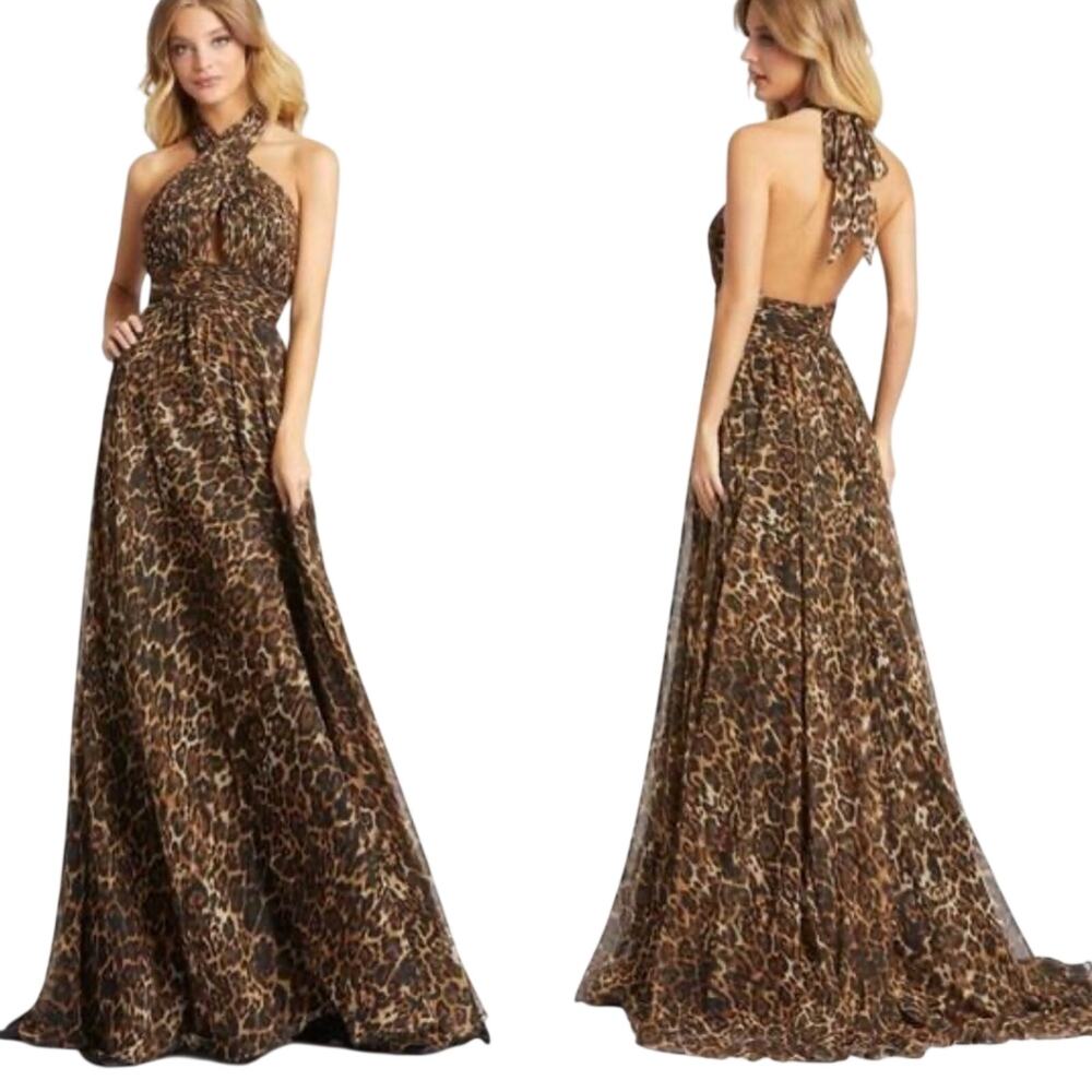 Mac Duggal 67360 Tie Halter Backless Dress Cheetahlicious Size 0 New Mobwife - Picture 1 of 9